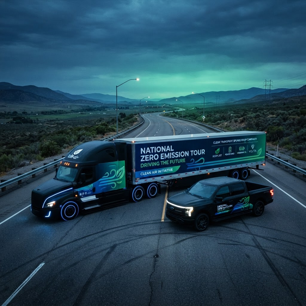 I Haul Air branded electric semi truck and pickup on a national zero-emission campaign tour at dusk
